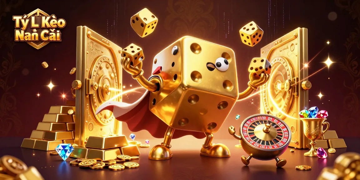 Tỷ Lệ Kèo Nhà Cái showcases a dynamic 3D casino scene with golden dice characters and treasure elements.