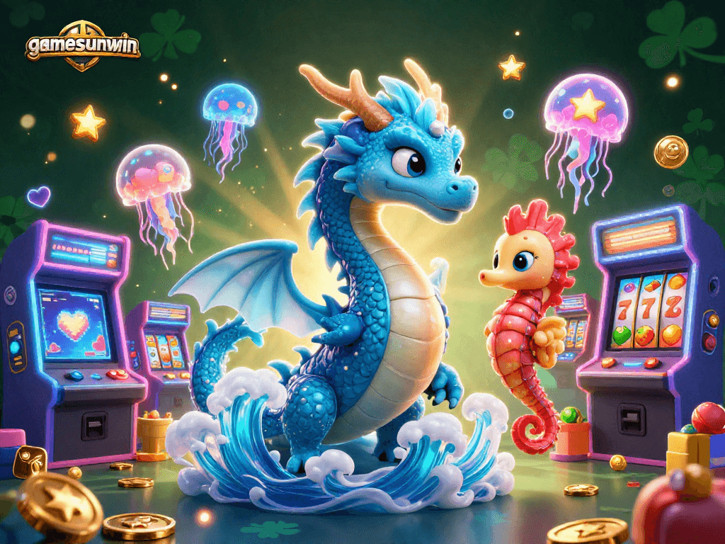 gamesunwin invites players to enjoy a thrilling adventure with a dragon and seahorse knight in a vibrant casino scene.