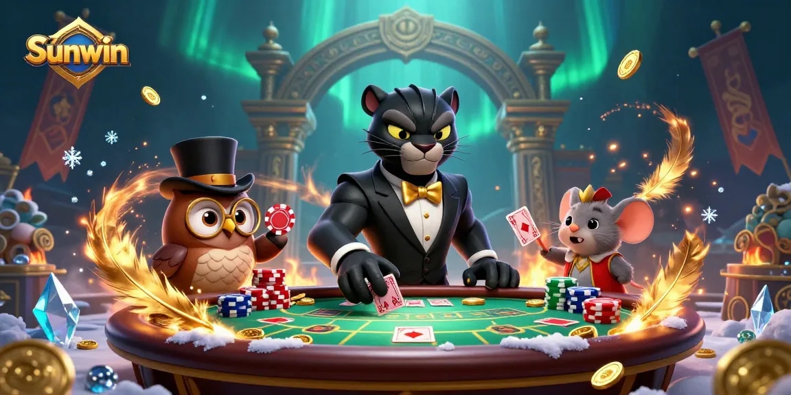 Sunwin engaging scene with animated characters at a poker table, showcasing vibrant casino atmosphere.