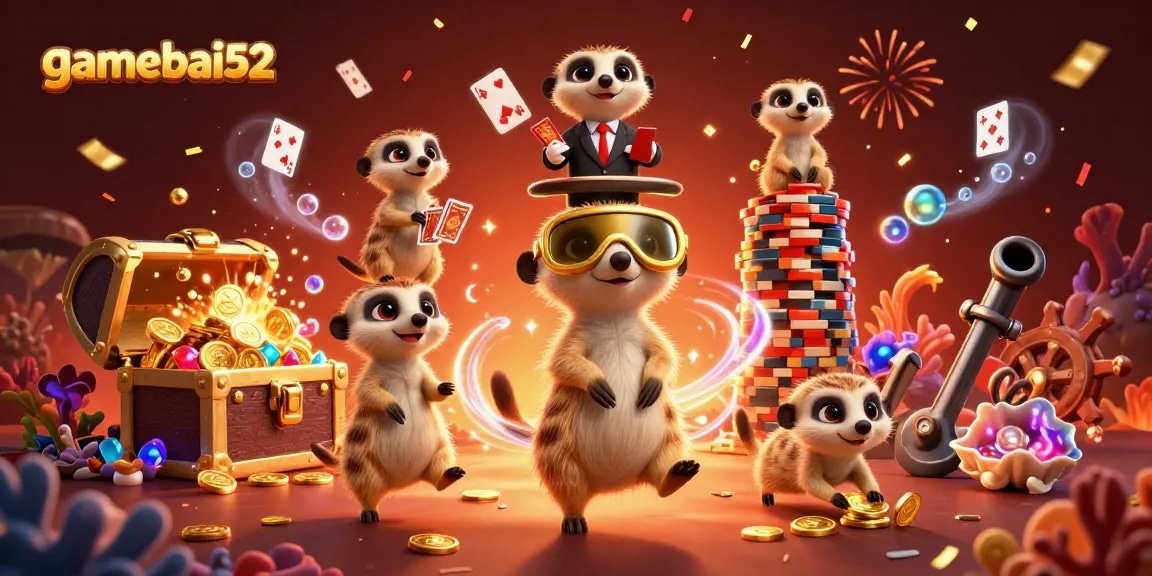 gamebai52 meerkats running a vibrant casino with dynamic game elements all around