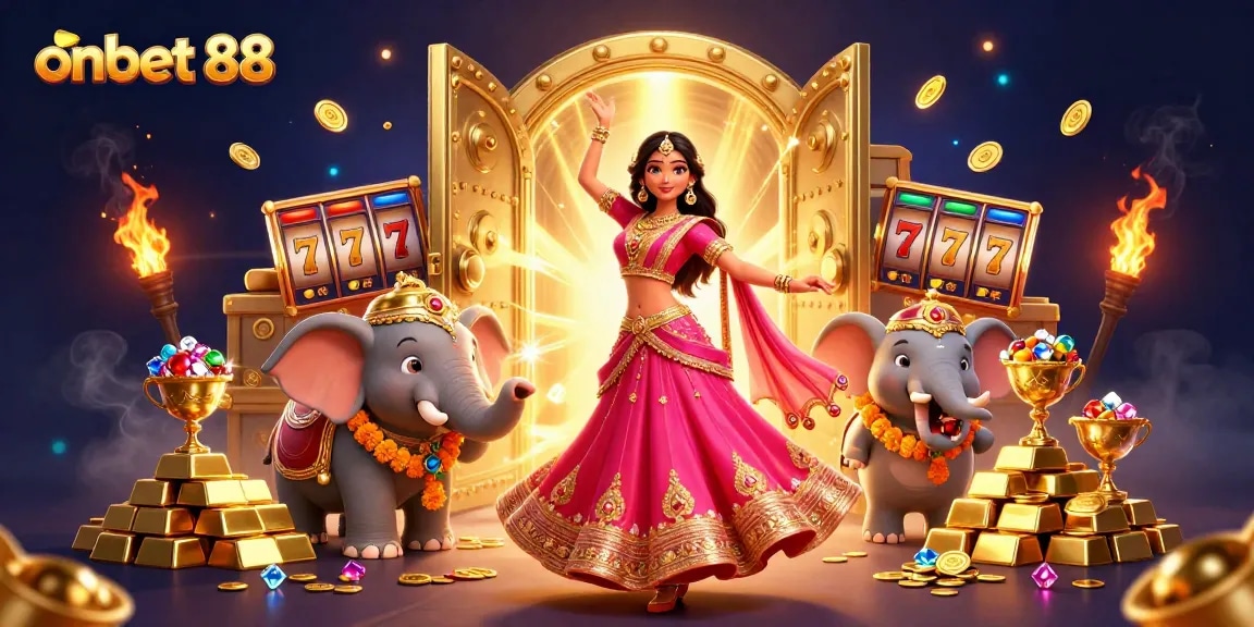 Experience winning thrills with onbet 88's colorful casino adventure featuring a vibrant Asian woman and treasures.