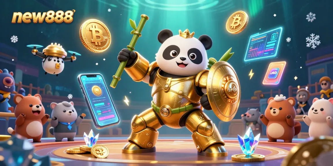 Engage with new888 through a vibrant casino scene featuring a golden panda and crypto elements.