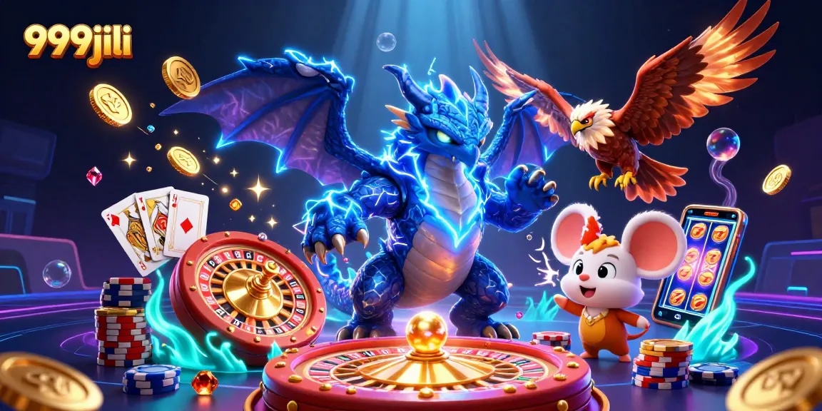Experience exciting wins at 999jili with a dynamic scene featuring colorful casino elements.