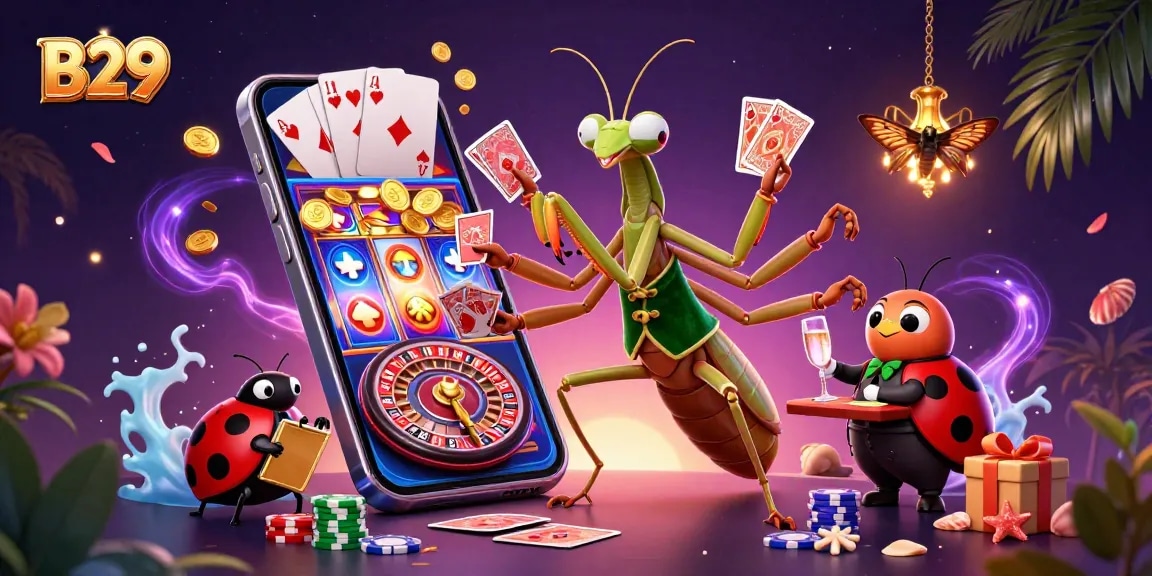 B29 brings excitement with a praying mantis dealing cards and a ladybug overseeing lively gameplay.