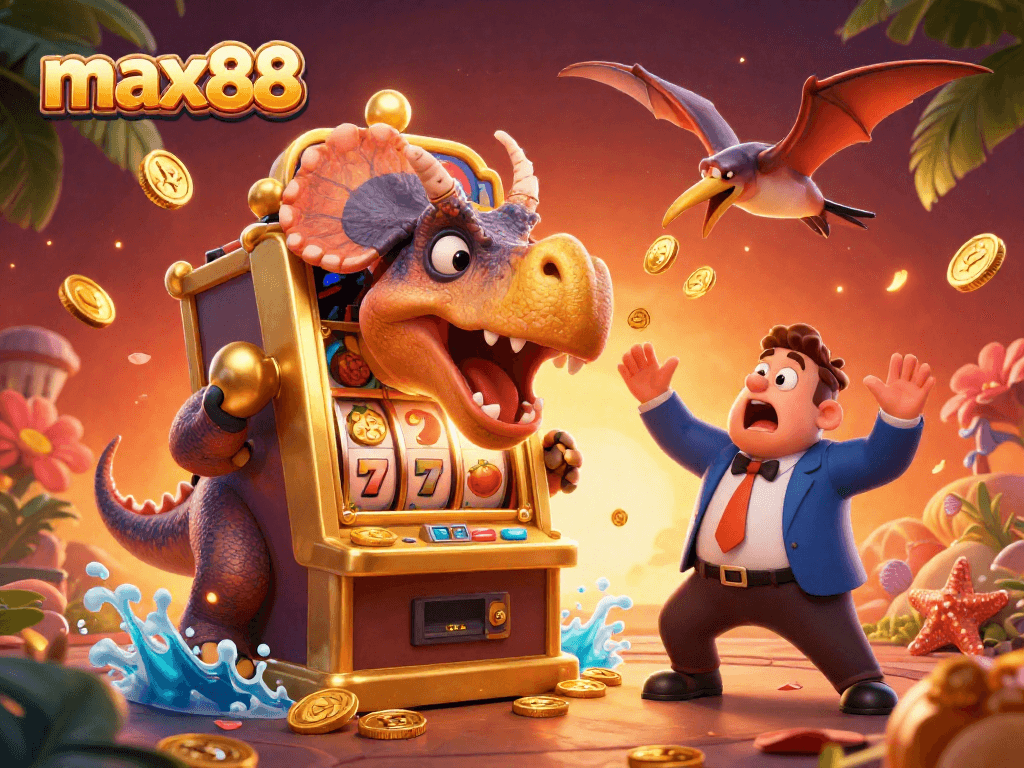 Max88 showcases an energetic casino scene with a pachycephalosaurus winning coins from a golden slot machine.