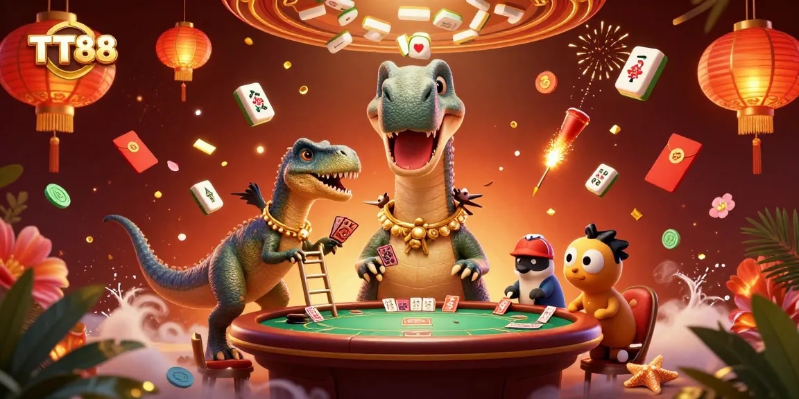 TT88 casino illustration with gambling elements, featuring a brontosaurus and raptor dealing cards.