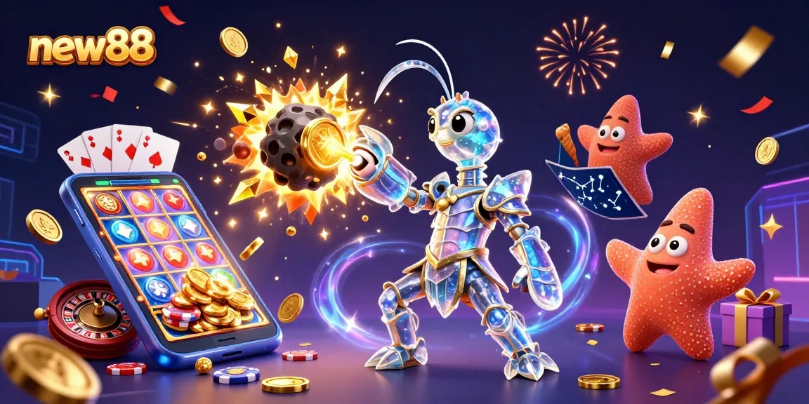 Experience new88's thrilling games as a galactic mantis shrimp punches through an asteroid, exploding gems around vibrant gaming elements.