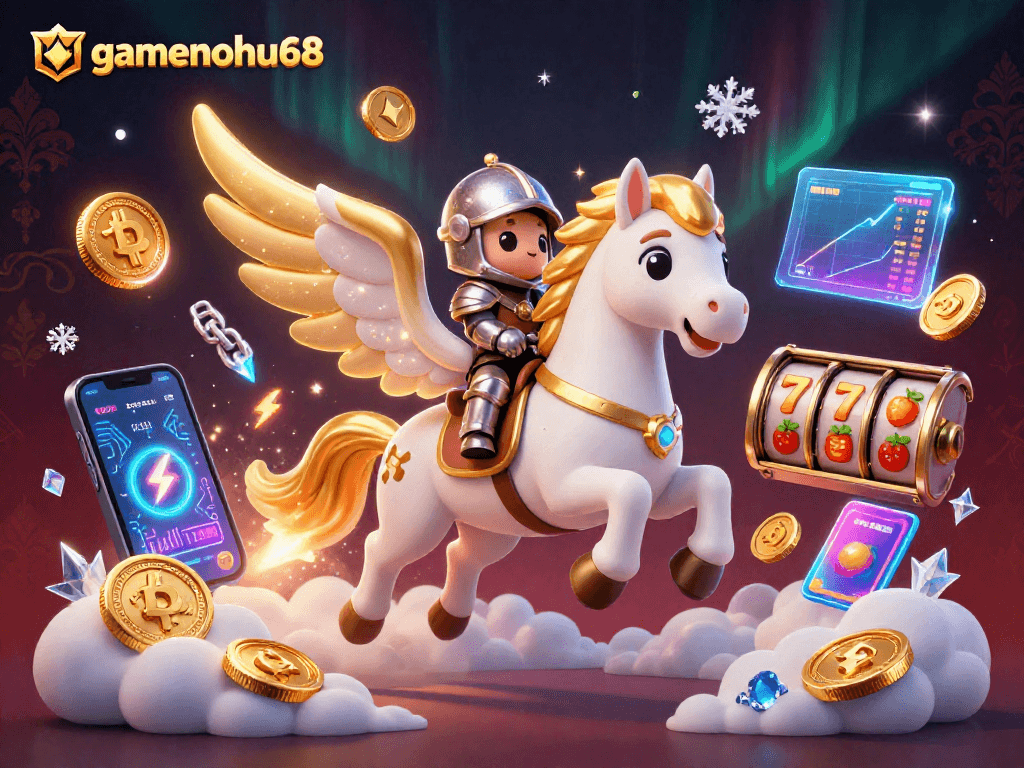 Experience the exciting world of gamenohu68 with vibrant slot reels and cryptocurrency elements.
