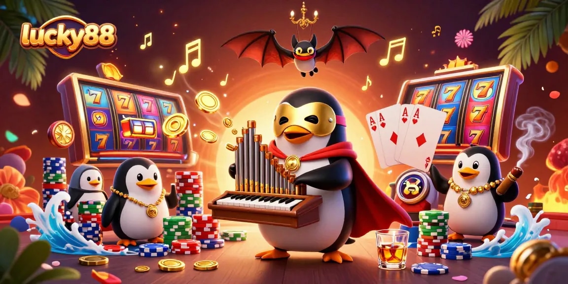 Engage with lucky88's thrilling casino experience featuring vibrant 3D characters, slot reels, and poker chips.