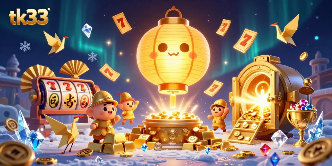 Engage in exhilarating gameplay at tk33, featuring vibrant slot machines and golden treasures in a magical casino scene.