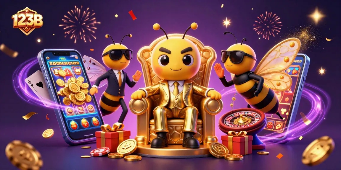 Win exciting bonuses at 123B with vibrant slot games and casino elements in a dynamic illustration.