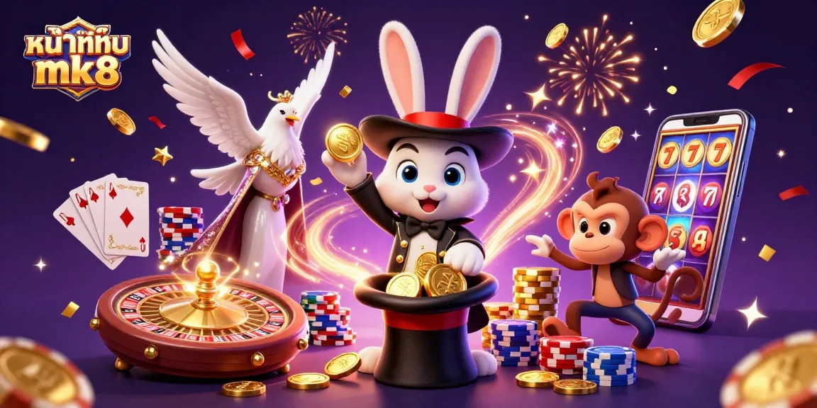 Experience the excitement of หน้าแรก mk8 with a 3D magical gambling scene featuring coins, poker chips, and a spinning roulette wheel.