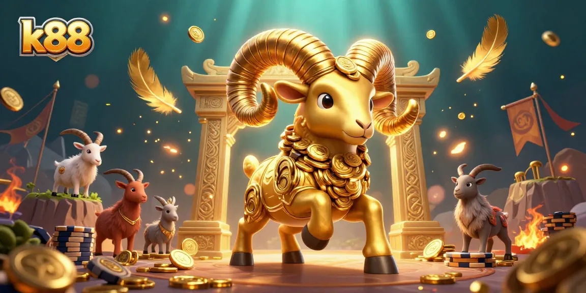 Engage in thrilling casino action with the dynamic k88 golden ram charging through a vibrant betting arena.