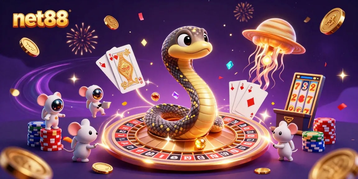 Engage with net88's casino excitement featuring astronaut mice betting on a roulette snake.