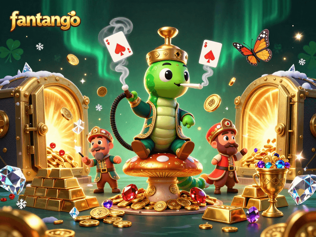 Experience the thrill of fantango with symbolic poker hand smoke rings and golden treasures.
