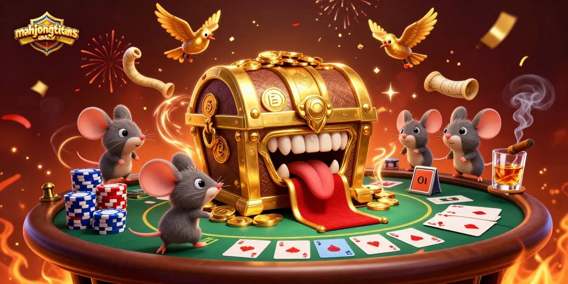 Engage in MahjongTitans with dynamic casino action featuring a treasure chest and poker elements.