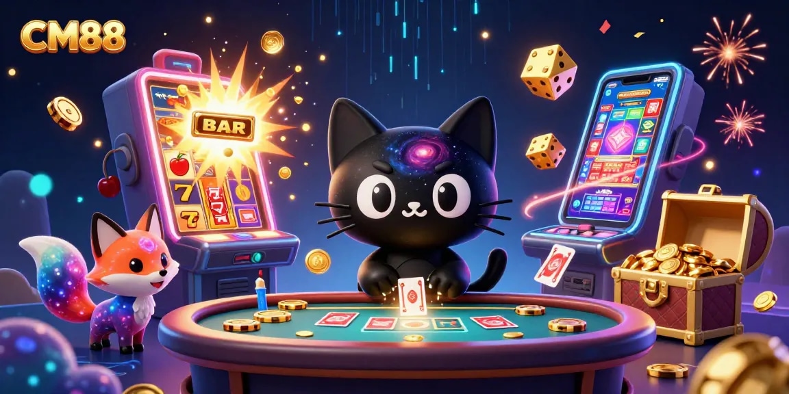 Win big at CM88's cosmic casino with a black hole cat and nebula fox amidst vibrant games.