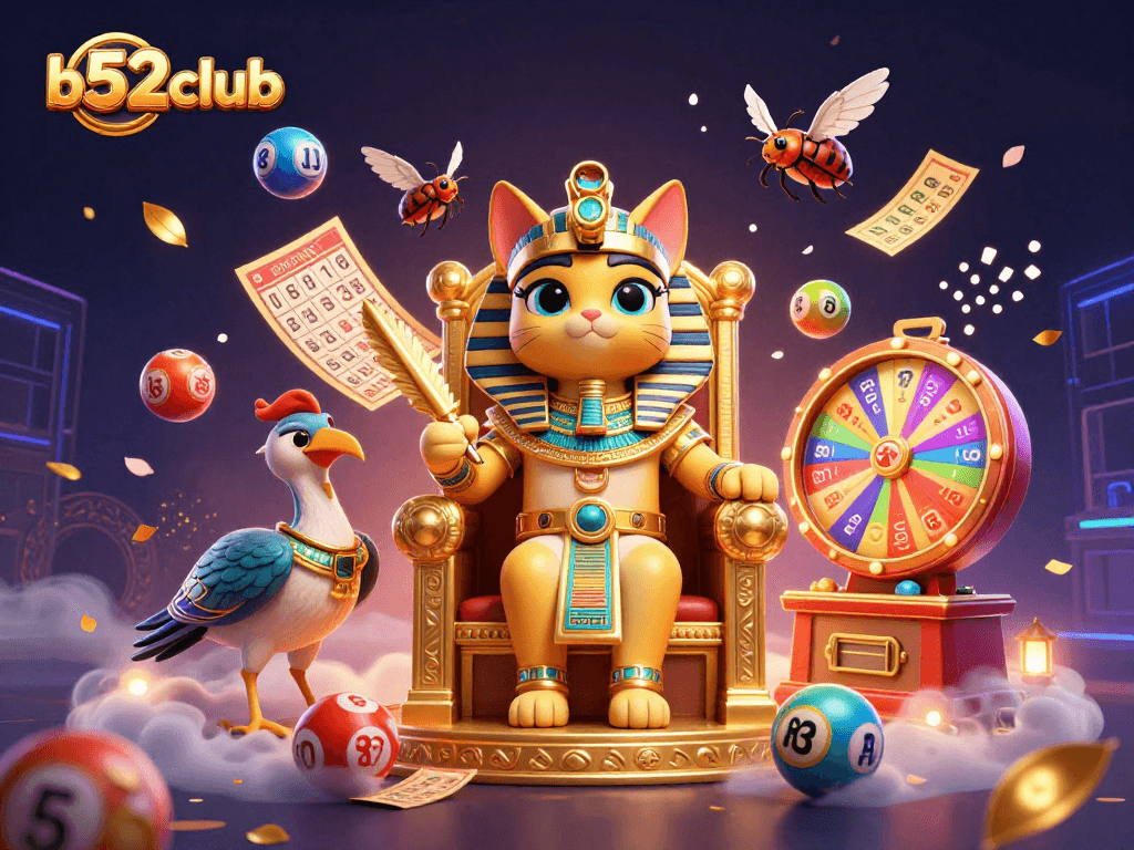 b52club gaming illustration featuring an Egyptian pharaoh cat with bingo elements and vibrant lottery balls