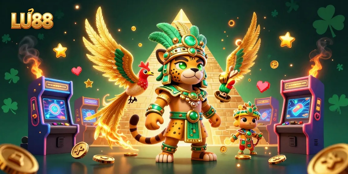 Experience vibrant gaming excitement at LU88 with an energetic Mayan priest and arcade designs