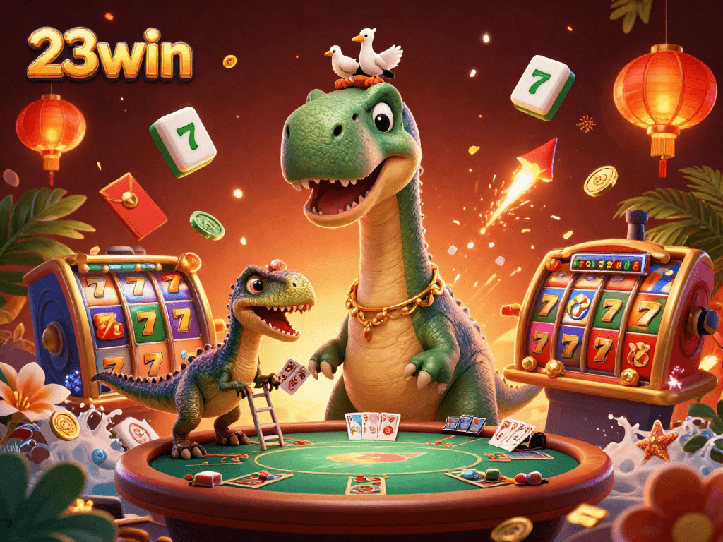 Experience thrilling gaming at 23win with a vibrant 3D casino scene featuring dynamic elements.