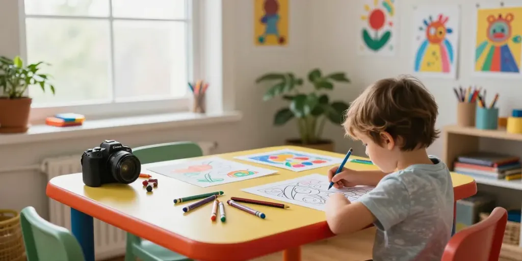 Child coloring at a home workspace using freecoloringsheets.net printable sheets surrounded by art supplies.