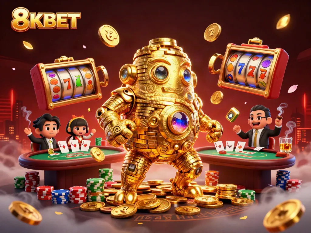 Experience thrilling gameplay with 8KBET's golden golem and vibrant gambling elements in this dazzling illustration.