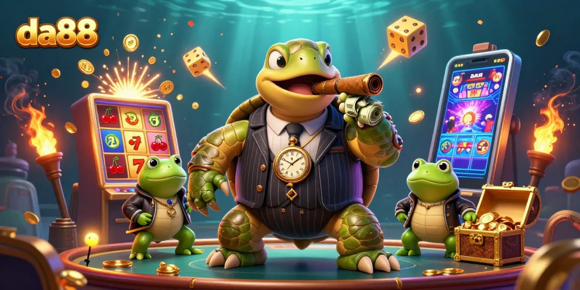 Enjoy exciting games and wins with da88's vibrant casino atmosphere illustrated by a 3D snapping turtle.