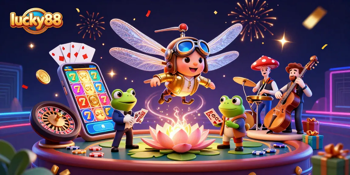 Join the excitement at lucky88 casino with our vibrant scene of a dragonfly pilot, frog croupier, and jazz musicians.
