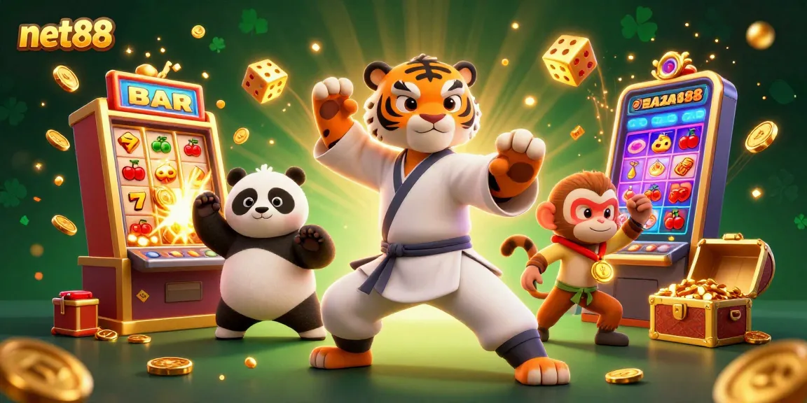 Experience the excitement of net88 with a dynamic casino scene featuring iconic characters and vibrant gaming elements.