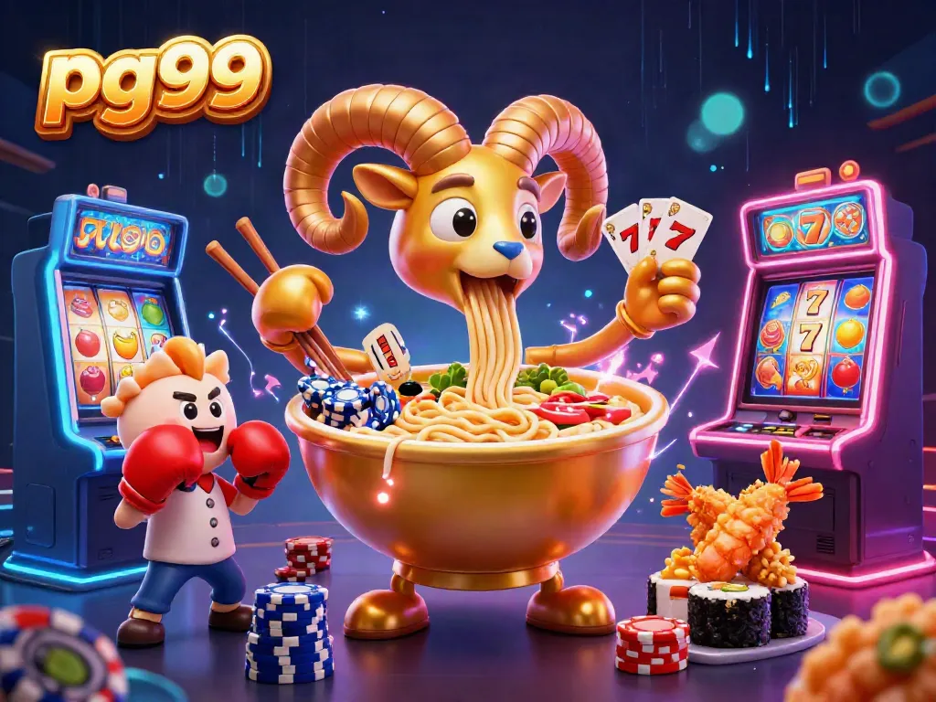 Engage in exciting casino games with pg99, featuring a giant ramen bowl dealer surrounded by vibrant slot machines.