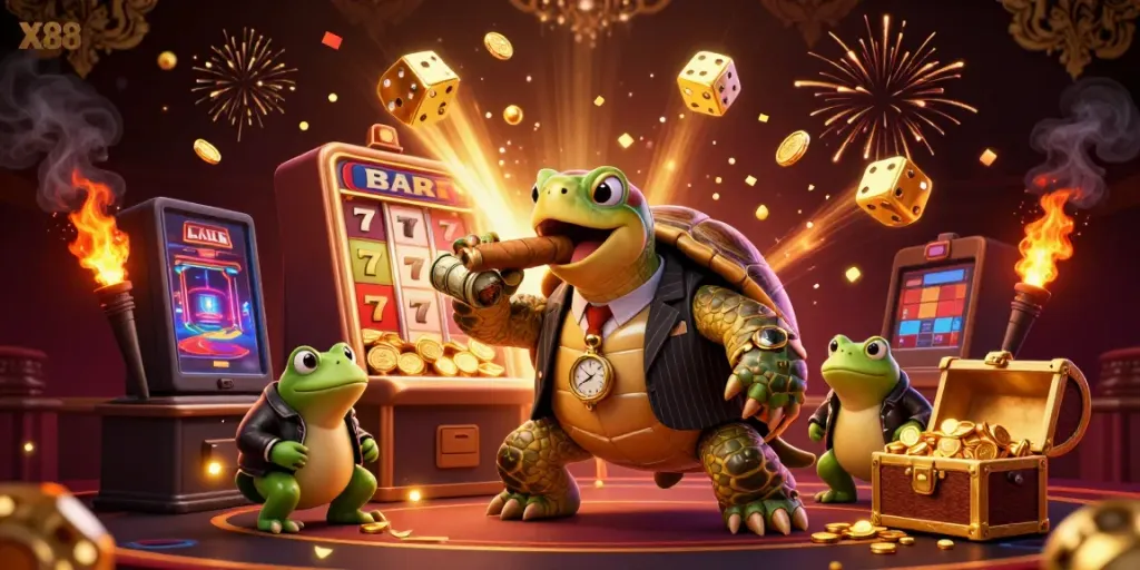 Engage with the thrilling atmosphere of X88 casino featuring jackpot-winning elements in a vibrant 3D scene.
