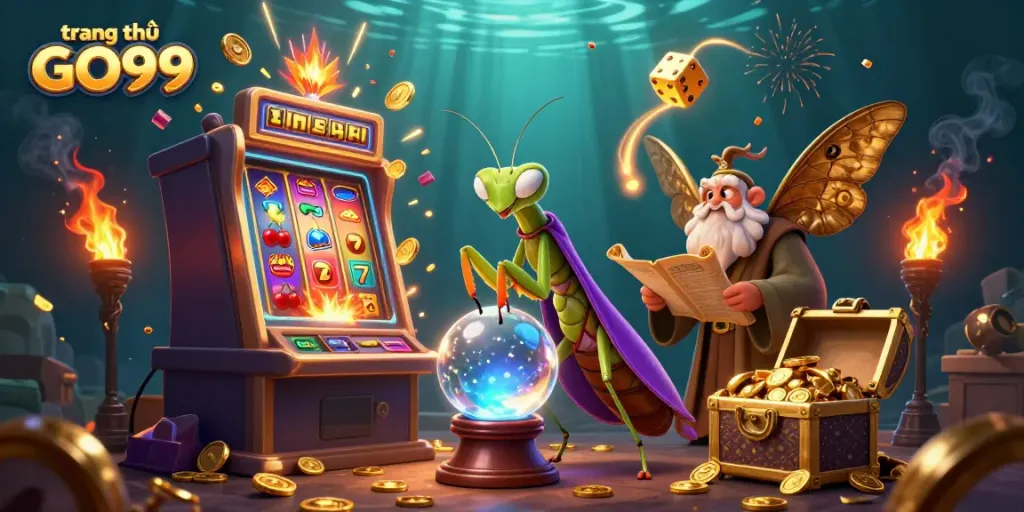 Engage with the enchanting scene of trang chủ GO99 featuring a mystical fortune teller and librarian amid casino elements.