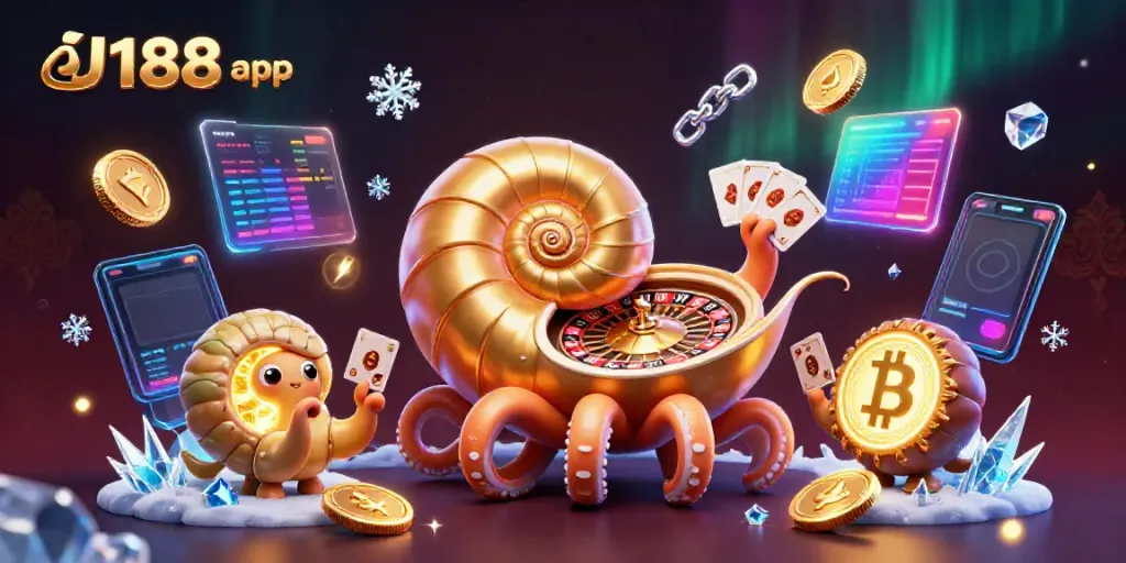 Engage with the exciting J188 app through a vibrant illustration showcasing adventure-filled casino elements.