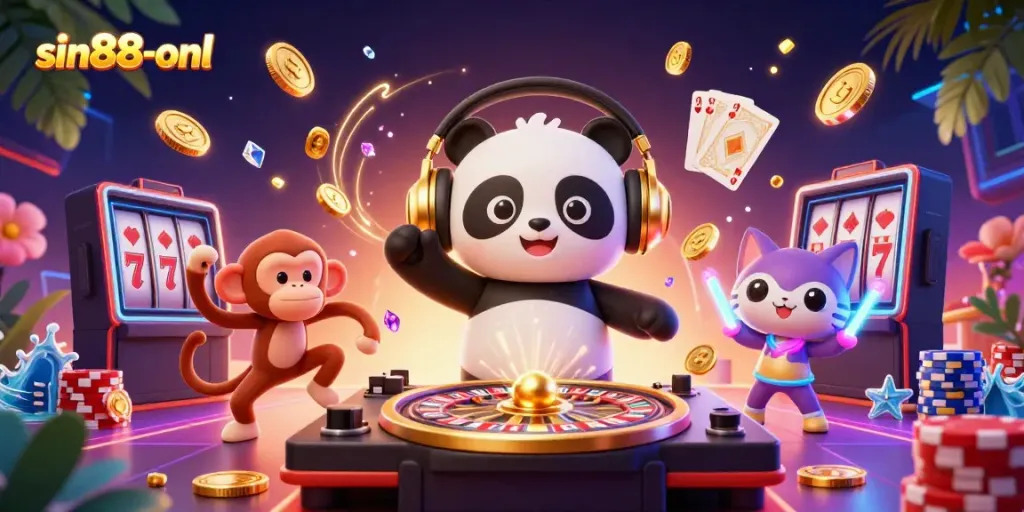 Experience wins at sin88-onl with a dynamic 3D casino scene featuring vibrant characters and gaming elements.