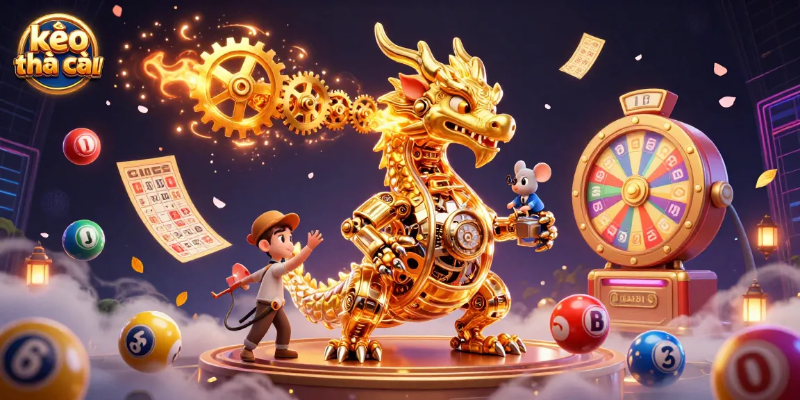 Engage with kèo nhà cái dynamics featuring a golden dragon, colorful lottery elements, and a mystical backdrop.