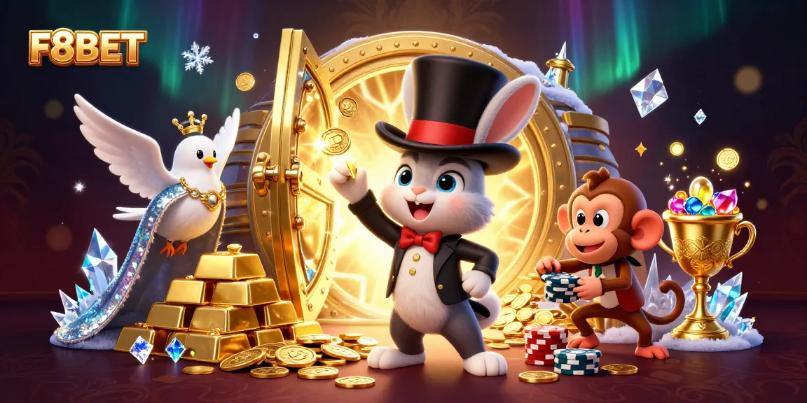 F8BET offers an exciting 3D illustration capturing a magician and his friends amidst golden treasures for gamblers.