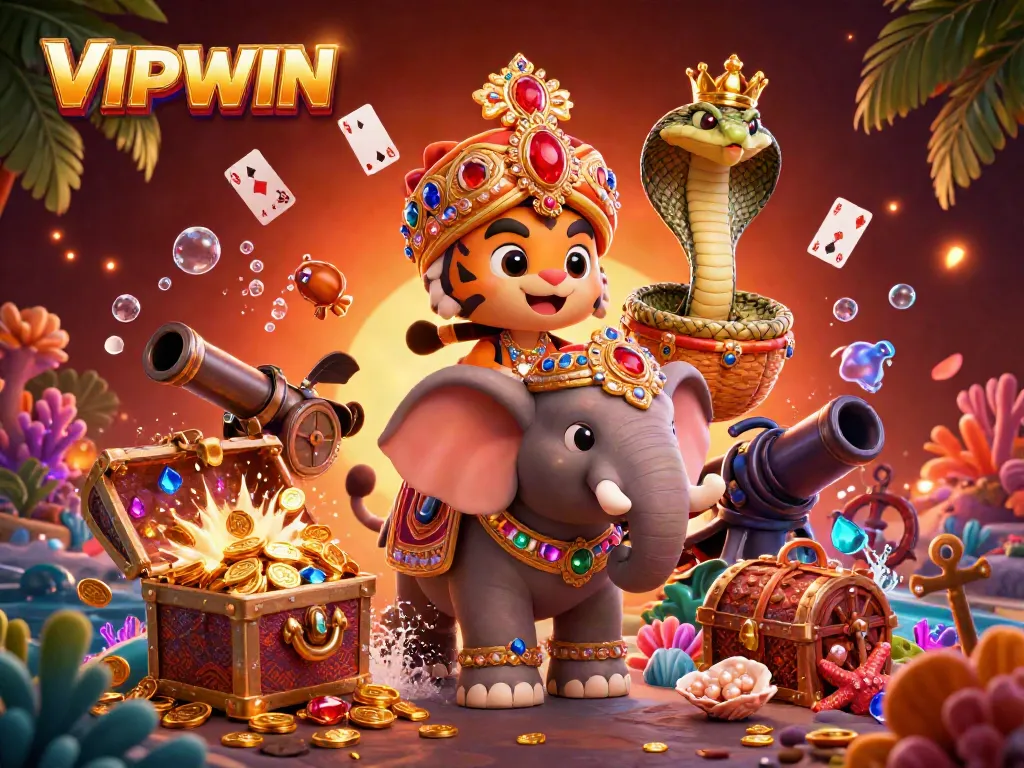 Engage with VIPWIN's vibrant 3D casino illustration showcasing a maharaja tiger and jewel-encrusted elephant amidst treasure.