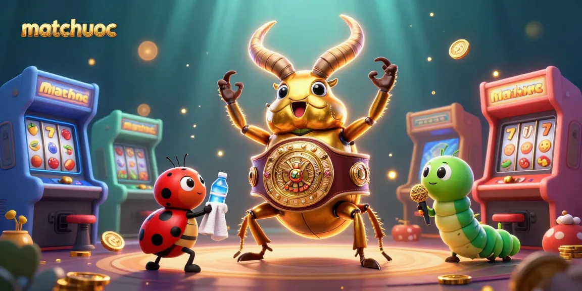 matchuoc showcases a golden stag beetle in a boxing match, surrounded by vibrant casino elements.
