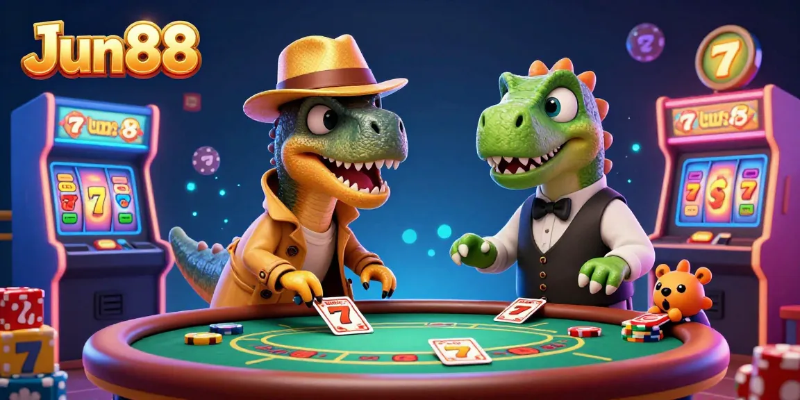 Join the fun with Jun88 featuring a cartoon velociraptor card counter at a blackjack table surrounded by dazzling casino game elements.