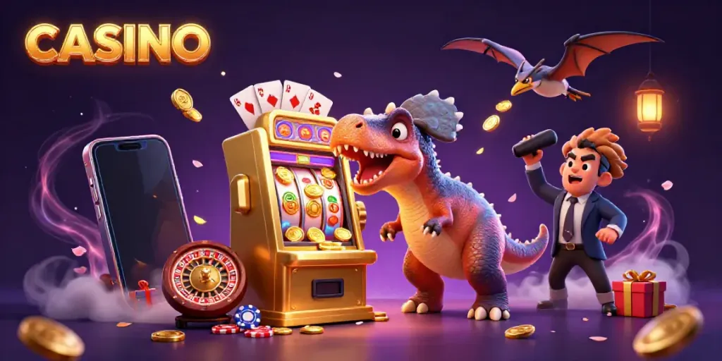 3D CASINO scene with a dinosaur, slot machine, and flying coins, vibrant and dynamic