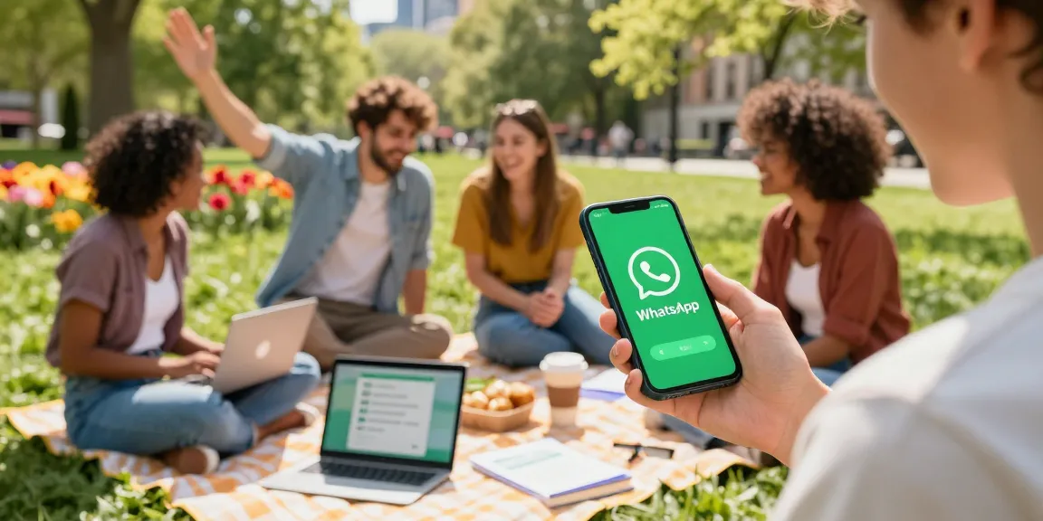 WhatsApp下載 scene with friends using smartphones and tablets in a vibrant park.