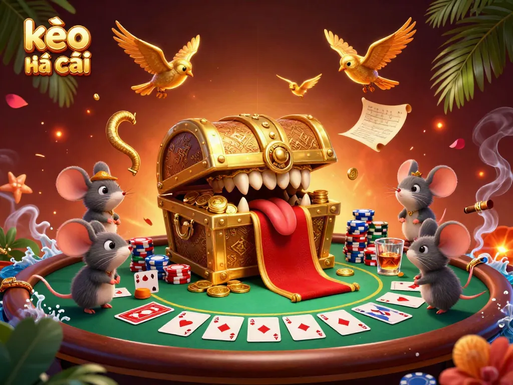 Engaging scene at kèo nhà cái with golden treasure chest, mice, and vibrant poker elements.