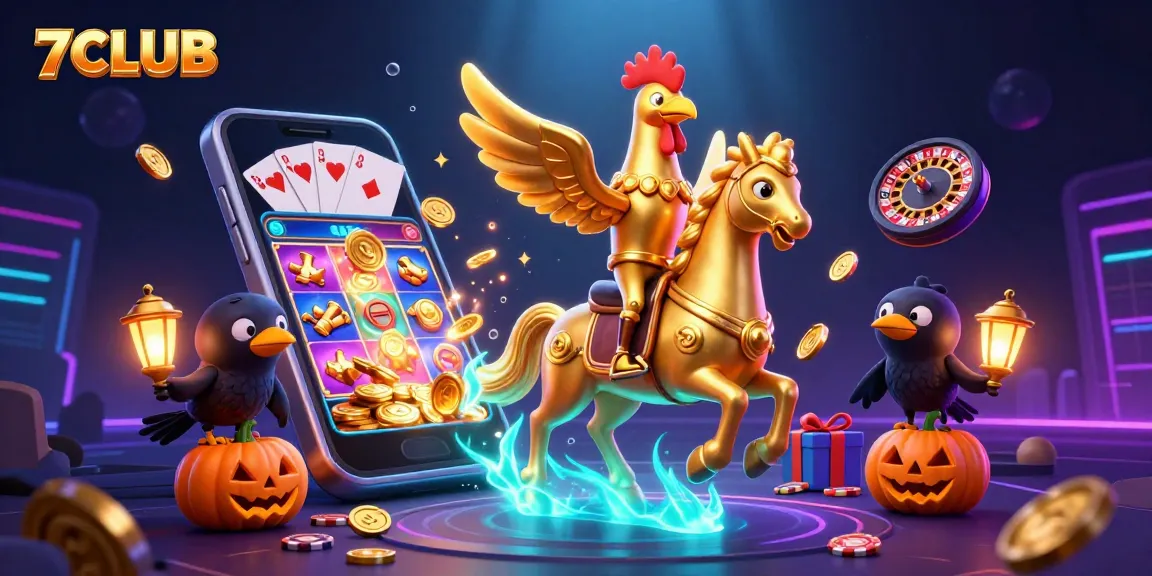 Stake your fortune at 7CLUB as a golden rooster gallops through a vibrant casino.