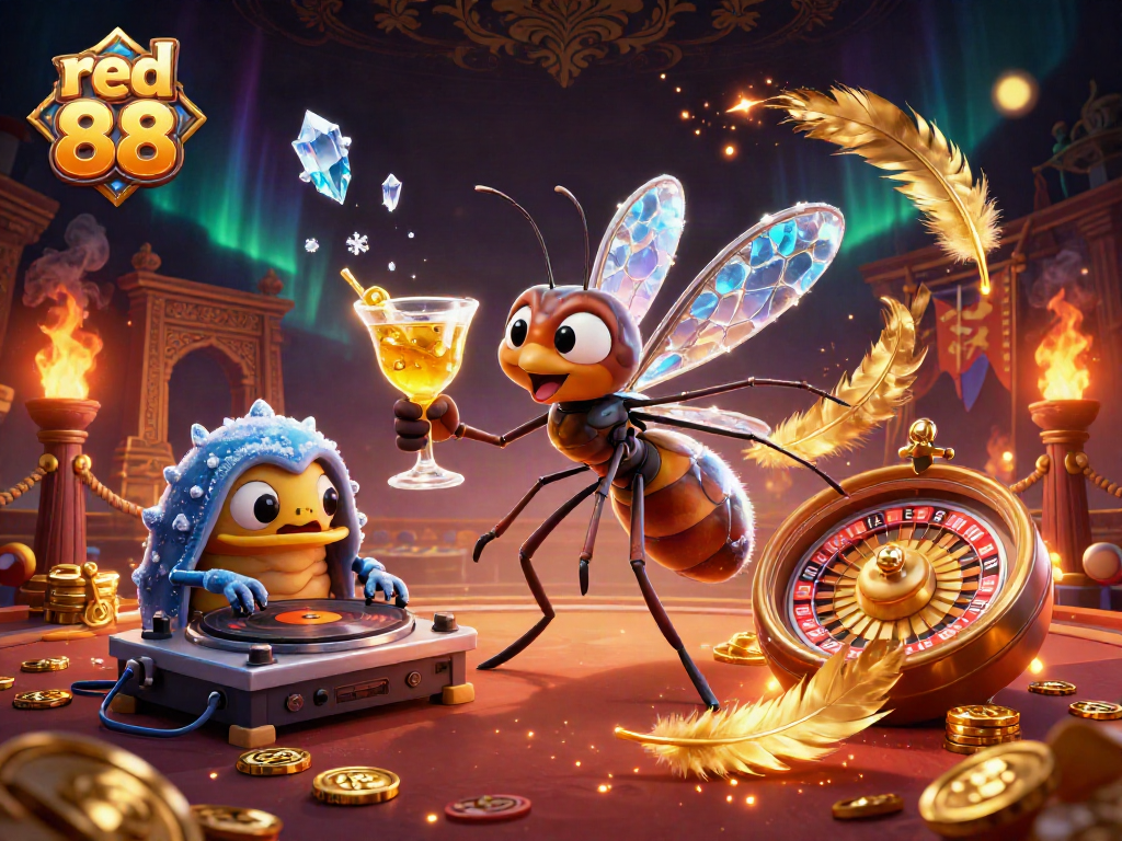 Engage in gaming excitement at red 88 with a lively scene featuring a cartoon mosquito mascot, a trilobite DJ, and a casino atmosphere.