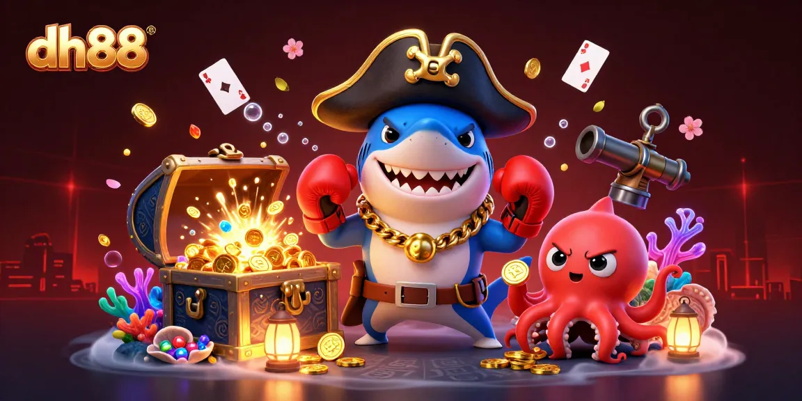 Join the excitement at dh88 with the pirate shark, his pufferfish sidekick, and octopus, surrounded by treasure!