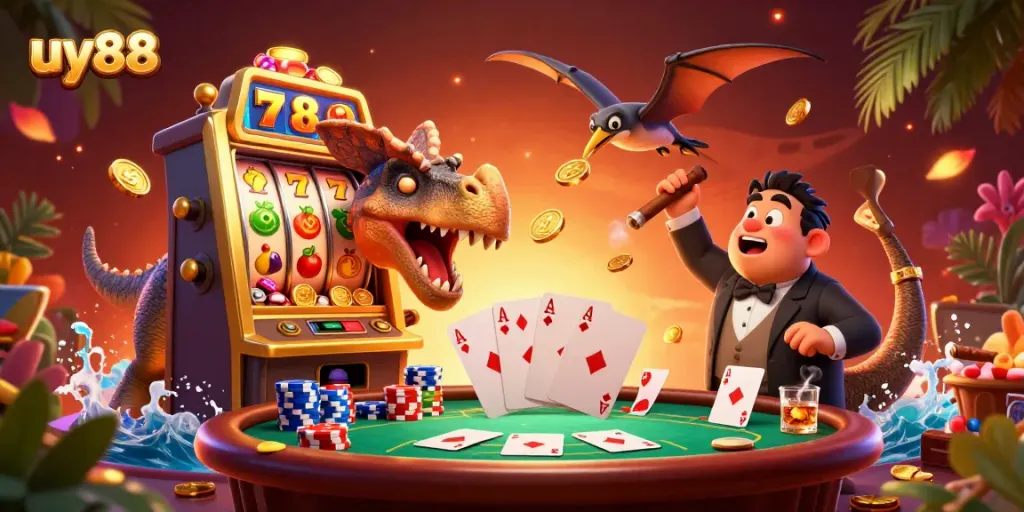 uy88 slots jackpot scene with dinosaur characters and casino elements in dynamic action.