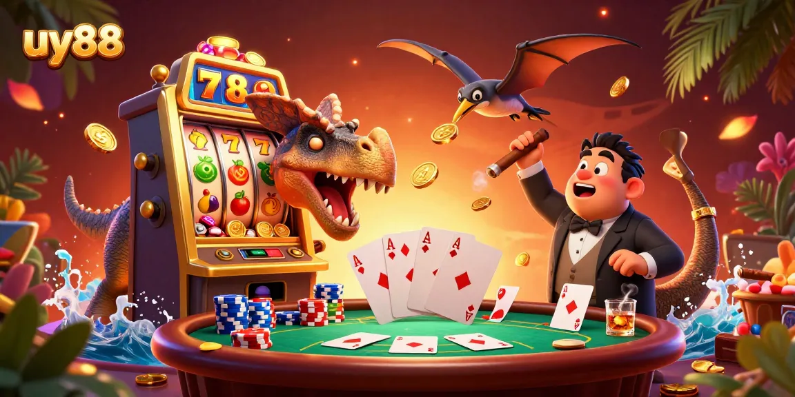 uy88 slots jackpot scene with dinosaur characters and casino elements in dynamic action.