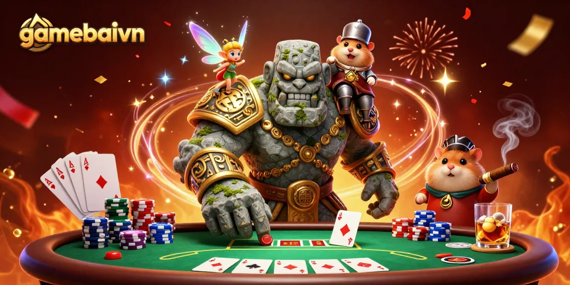 Experience gamebaivn's dynamic poker scene with a golem guardian and a fairy casting magic.