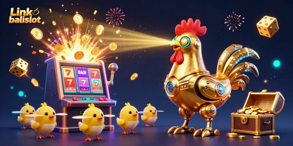 Engage with bright casino excitement featuring Link balislot in 3D with robots and slot machines.