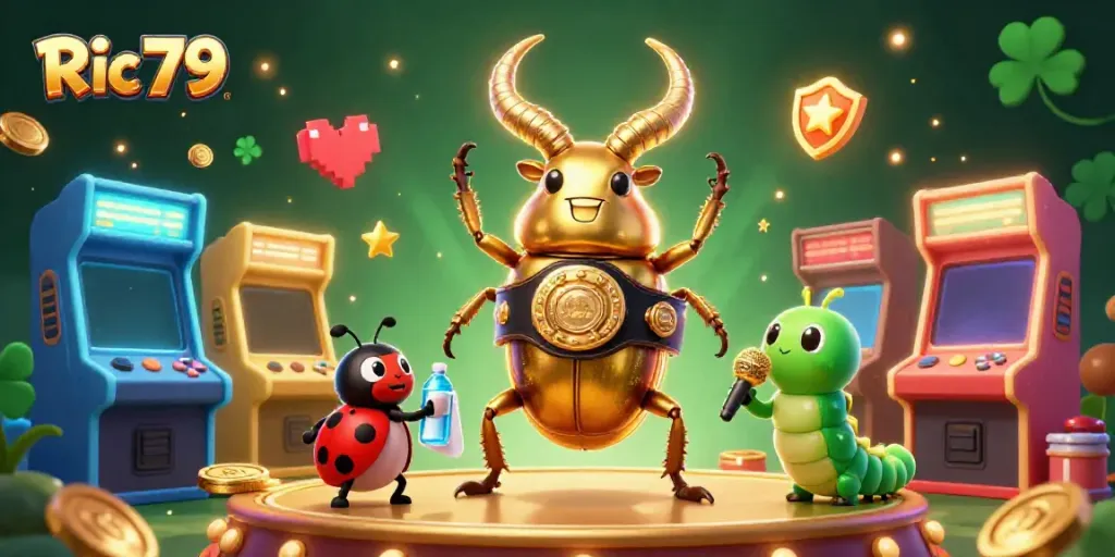 Experience the excitement at Ric 79 with vibrant casino-themed animation of a golden stag beetle in action.